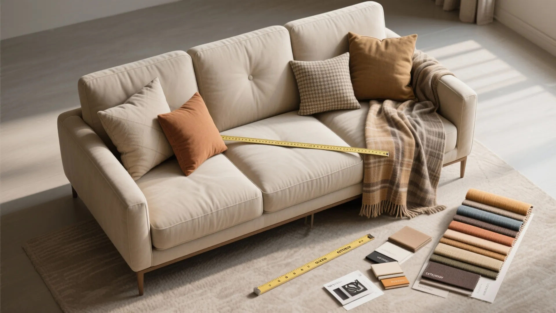 Beige sofa with colorful pillows and measuring tape plus fabric swatches on a soft rug