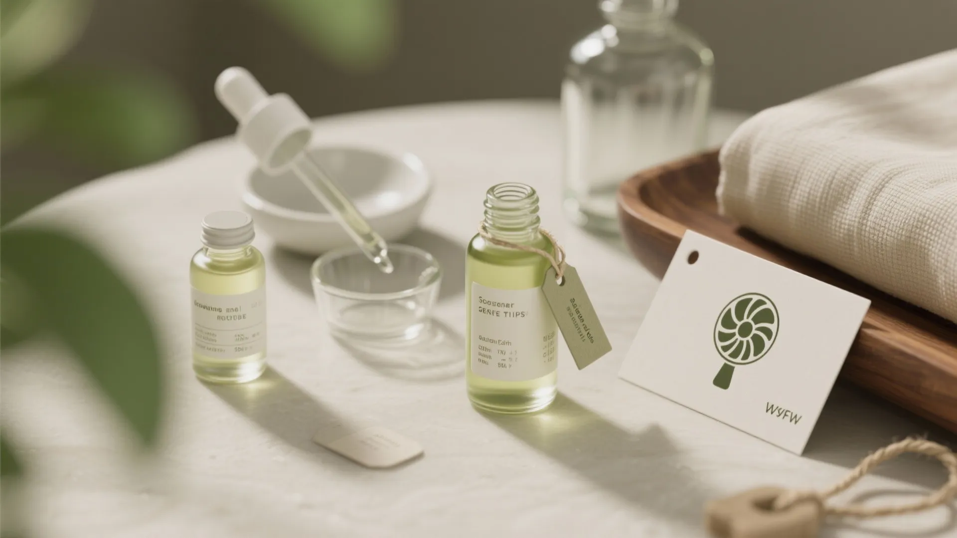 Macro still-life of small bottles, a dropper, and labeled tags illustrating scent dilution and placement tips for small rooms.