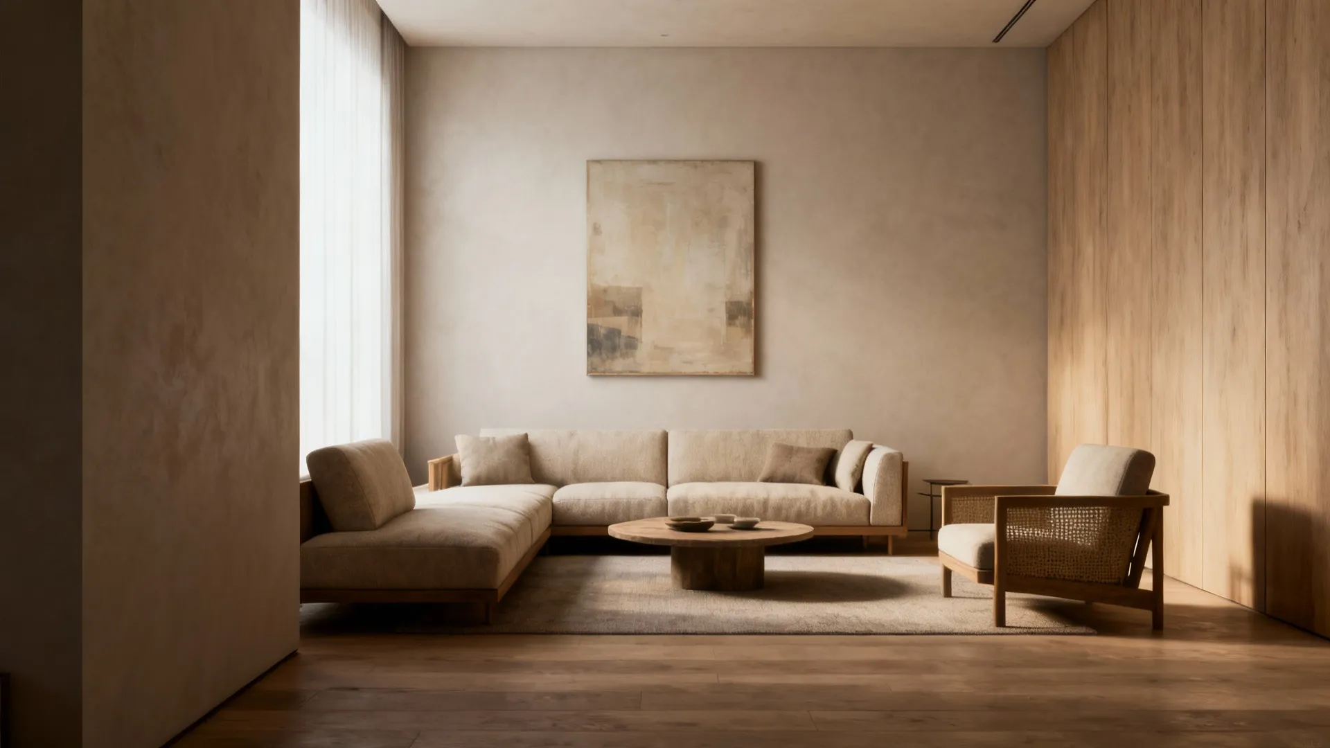 Modest living room emphasizing circulation and ergonomics with minimal decor and proper furniture spacing.