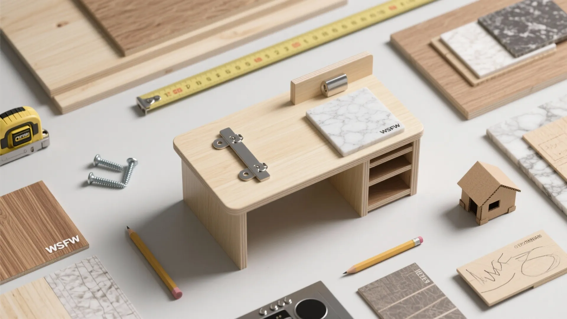 Interior design drawing prototype showing wooden furniture model with measuring tools and material sample boards