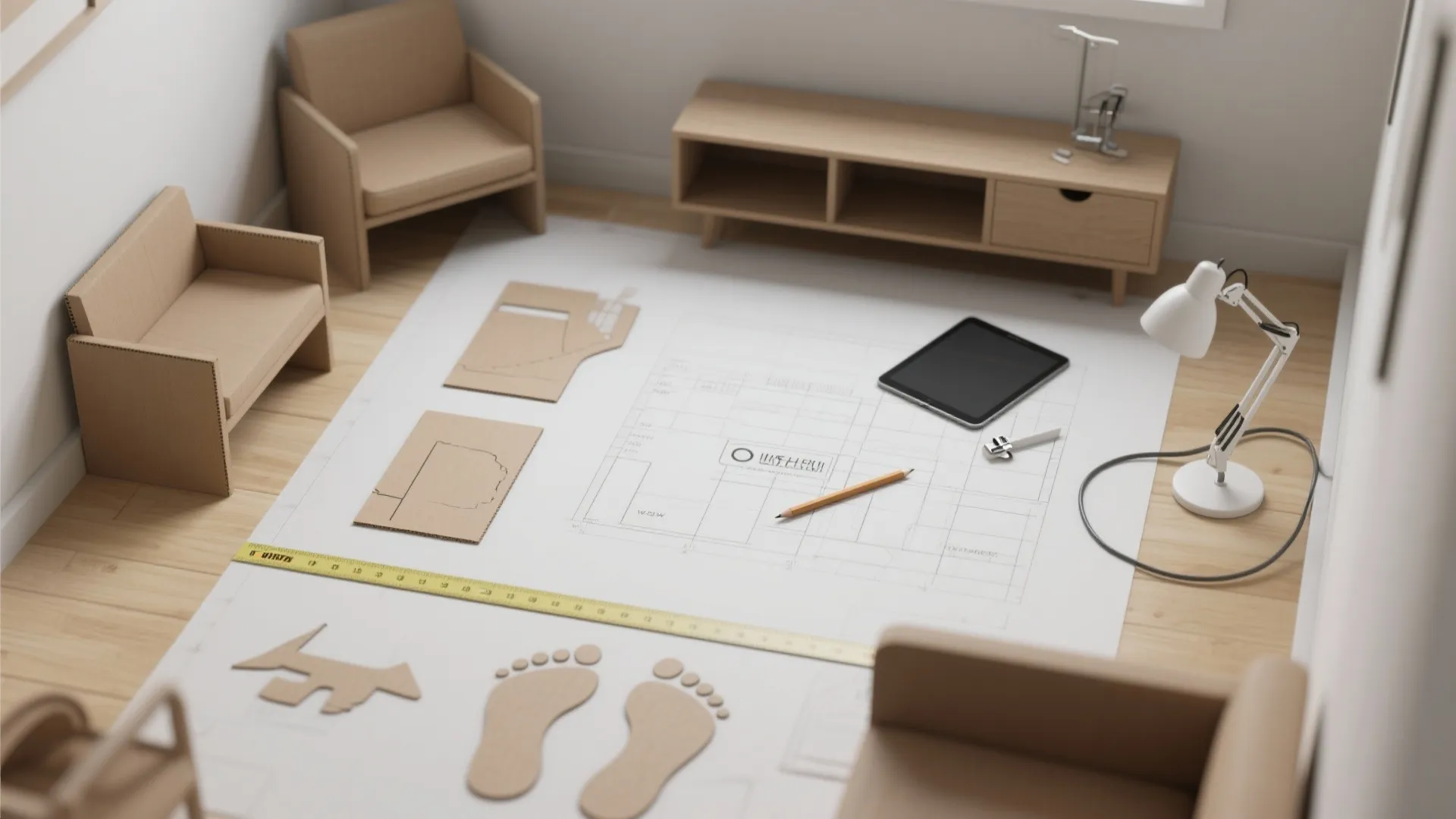 Interior design drawing on floor with cardboard furniture models a tablet pencil and desk light