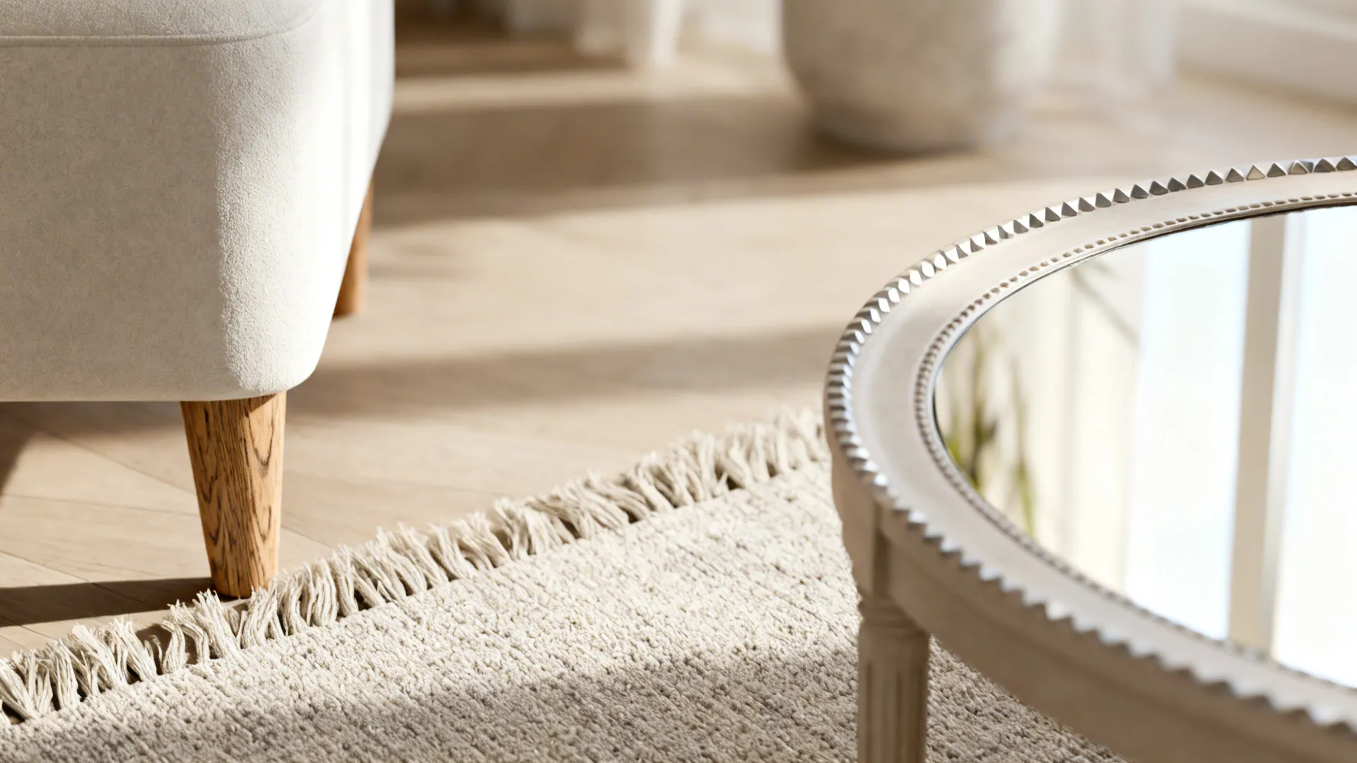 Detail of a light rug, exposed-leg furniture and a round table corner with a mirror reflecting light