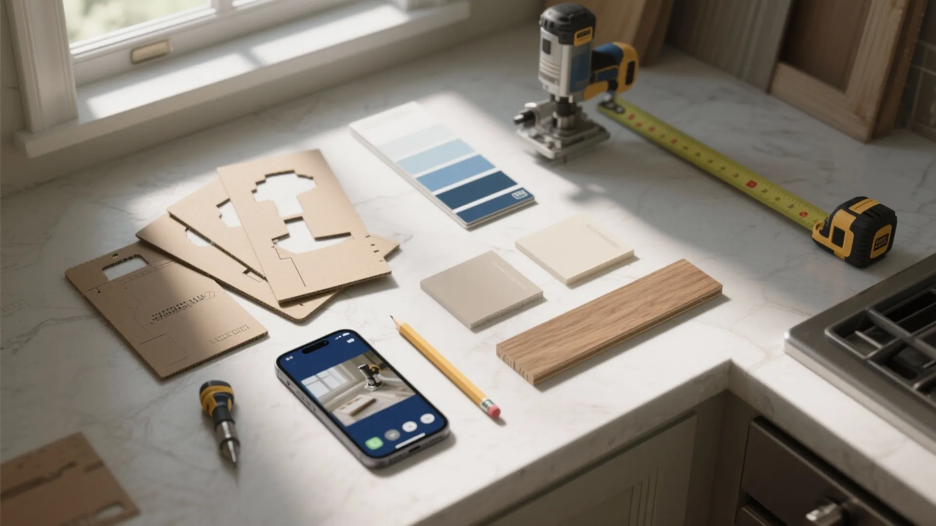 Kitchen counter with color samples blue palette wood plank pencil tape measure and smart phone