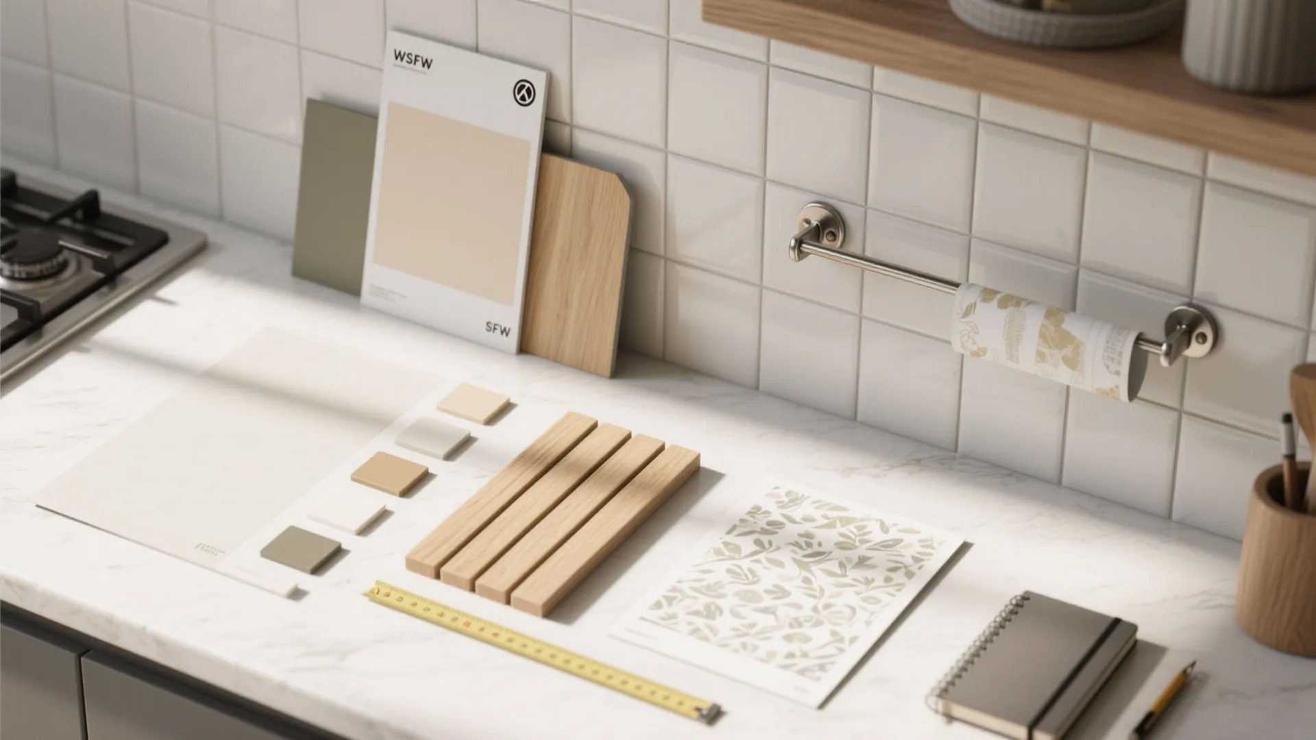 Interior design mood board on white marble kitchen counter with wood samples and color swatches