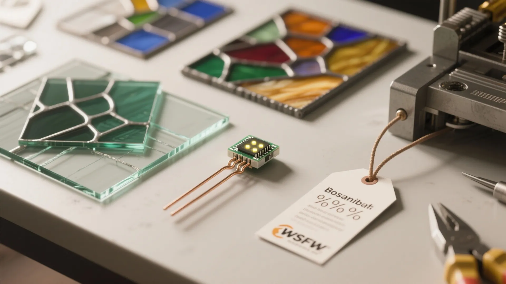 Stained glass samples, LED module, and tools arranged to illustrate budget and practical tips