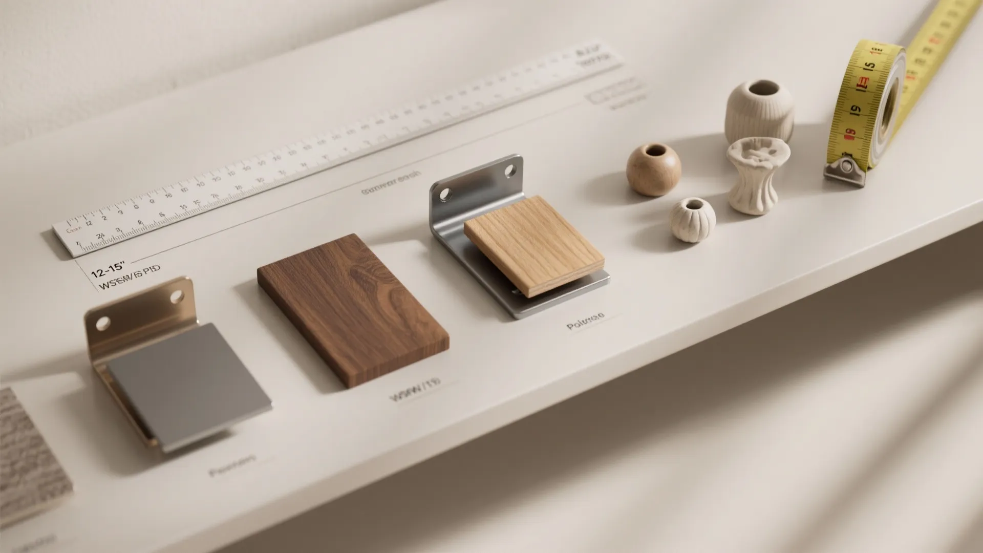 Top-down flatlay of shelf depth ruler, corrosion-resistant bracket samples, wood and metal swatches, and styling tips visuals.