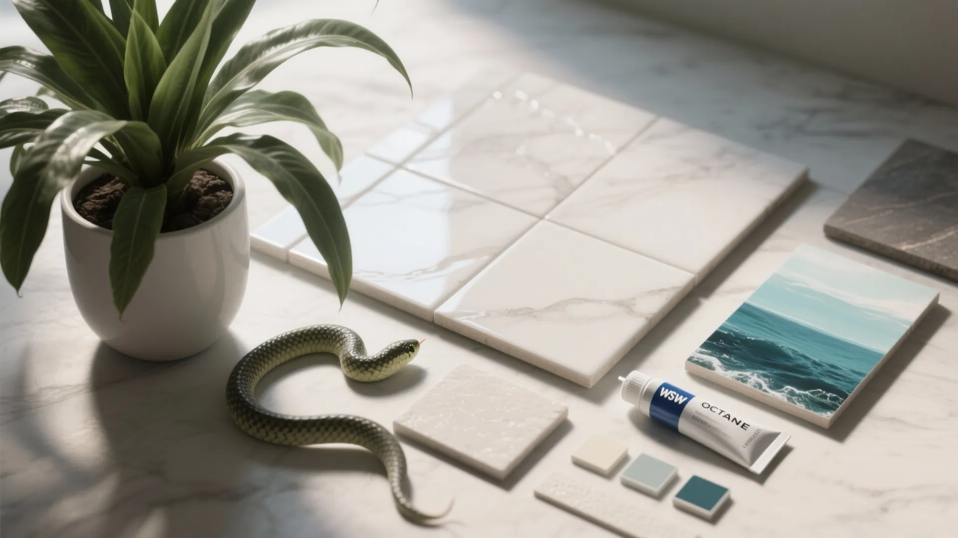 Mood board with marble floor tiles potted plant blue paint tube and sea view picture