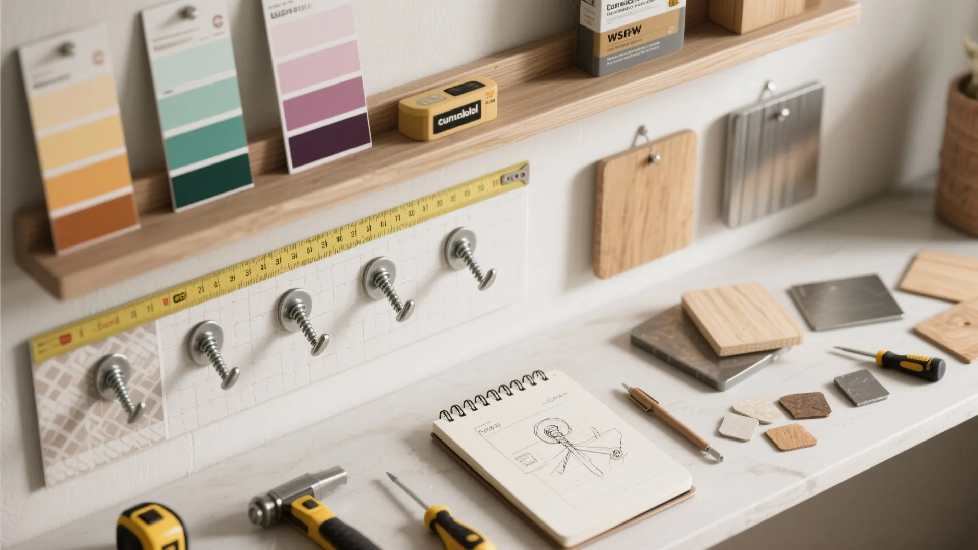 Design workspace with color swatches wood samples hammer screwdriver notebook and sketch for room layout