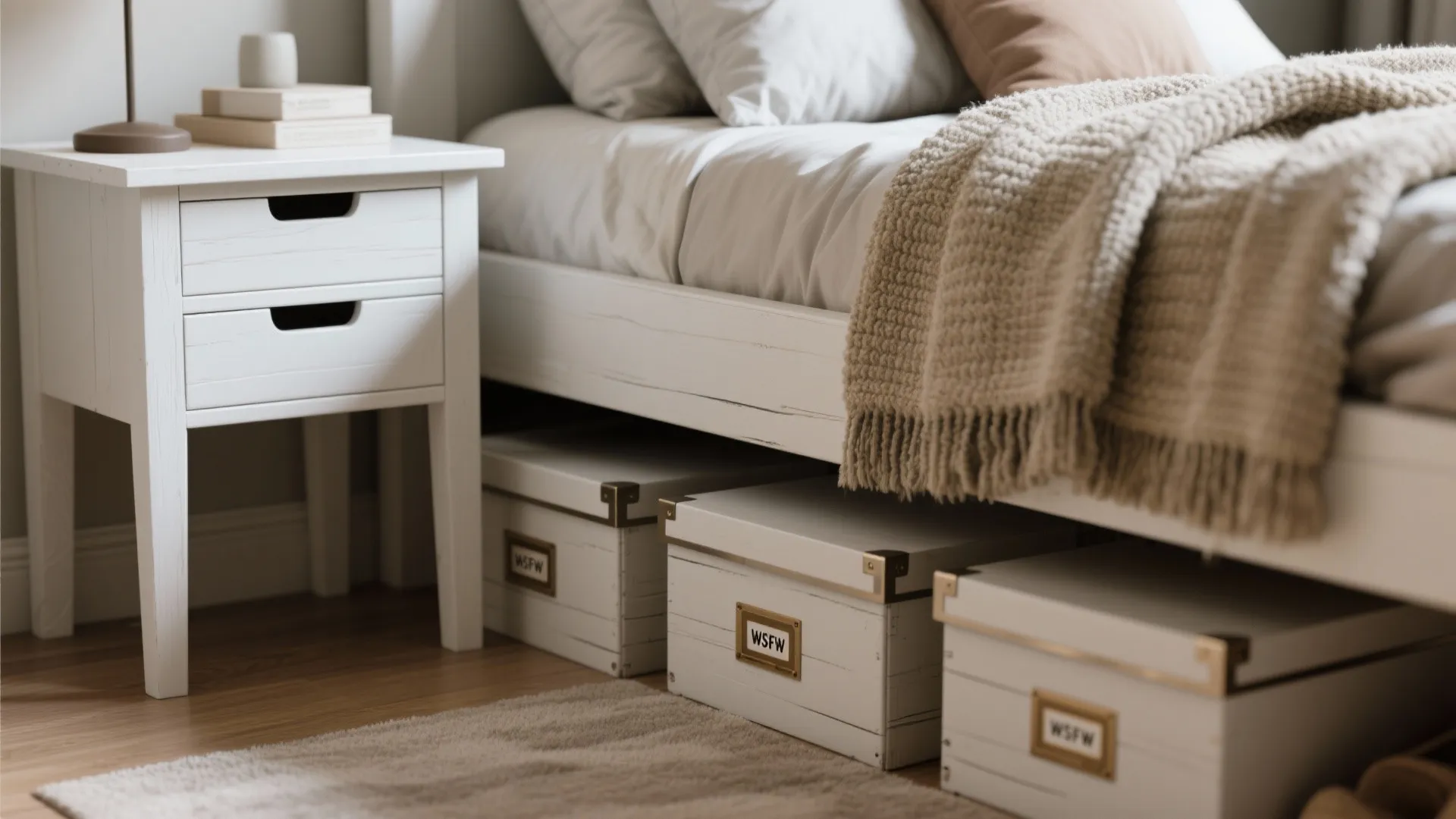 Labeled under-bed boxes, painted nightstand and textured throw illustrating practical tips.