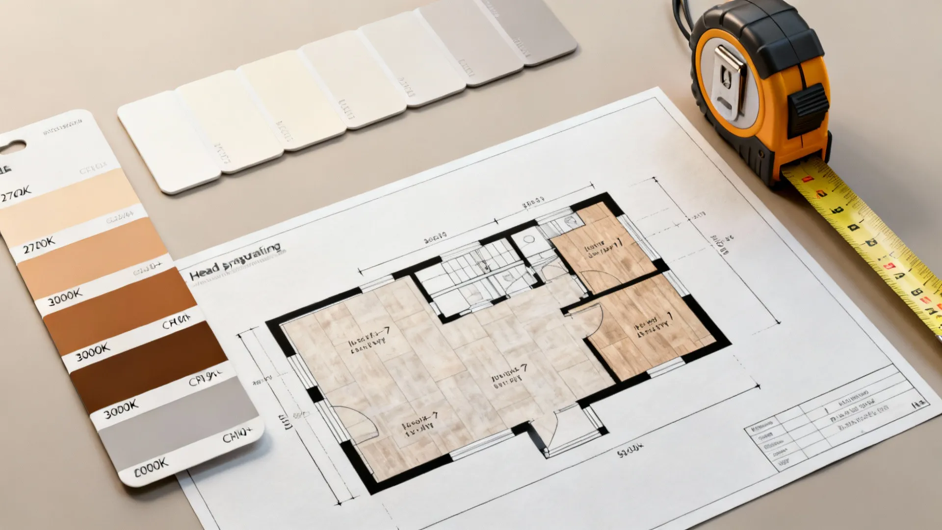 Flatlay of CCT swatches, CRI chips, tape measure and 3D floor planner showing head spacing recommendations.