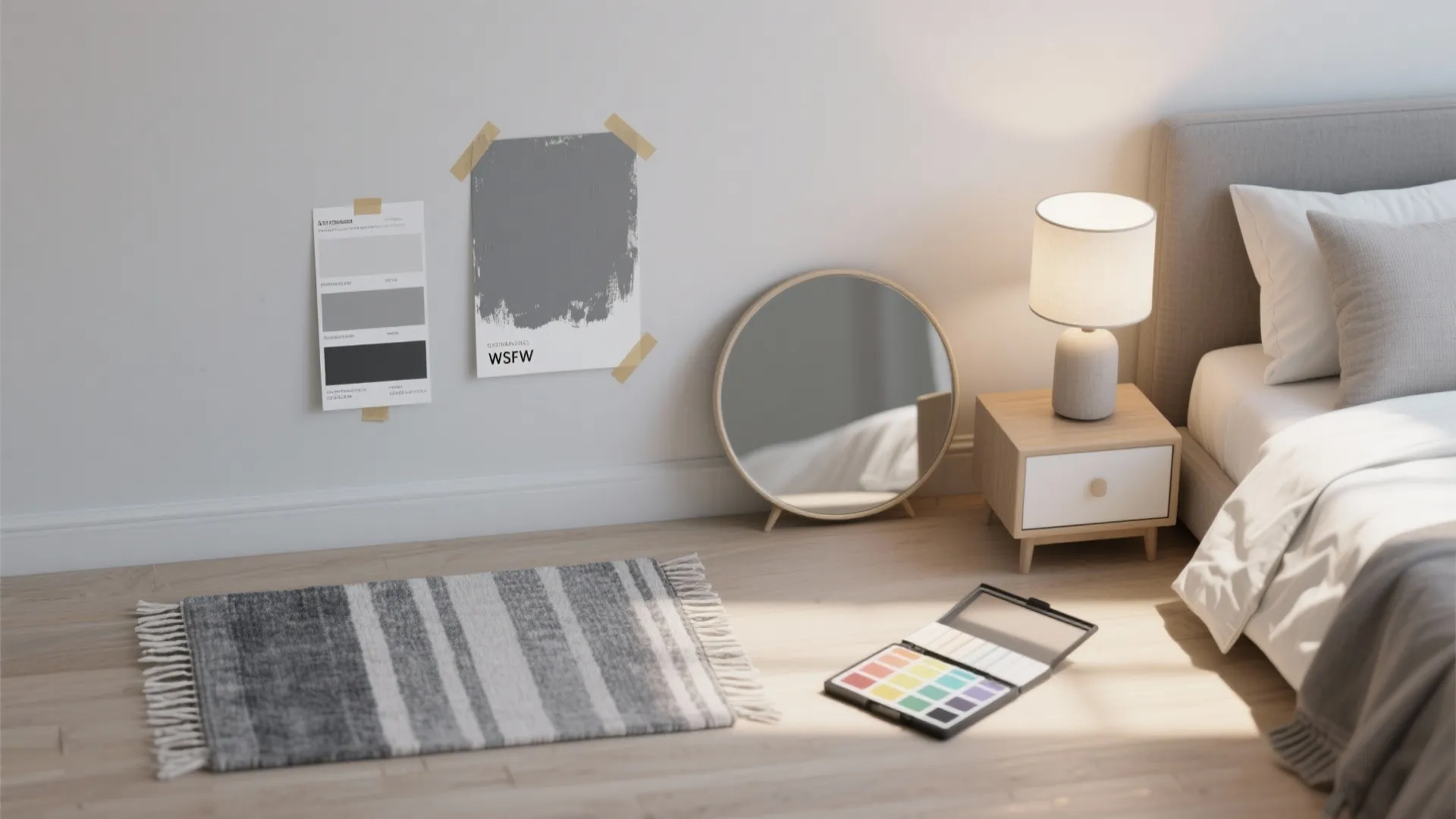 Flatlay of gray and white paint swatches, rug and mirror samples illustrating styling tips for a bedroom.