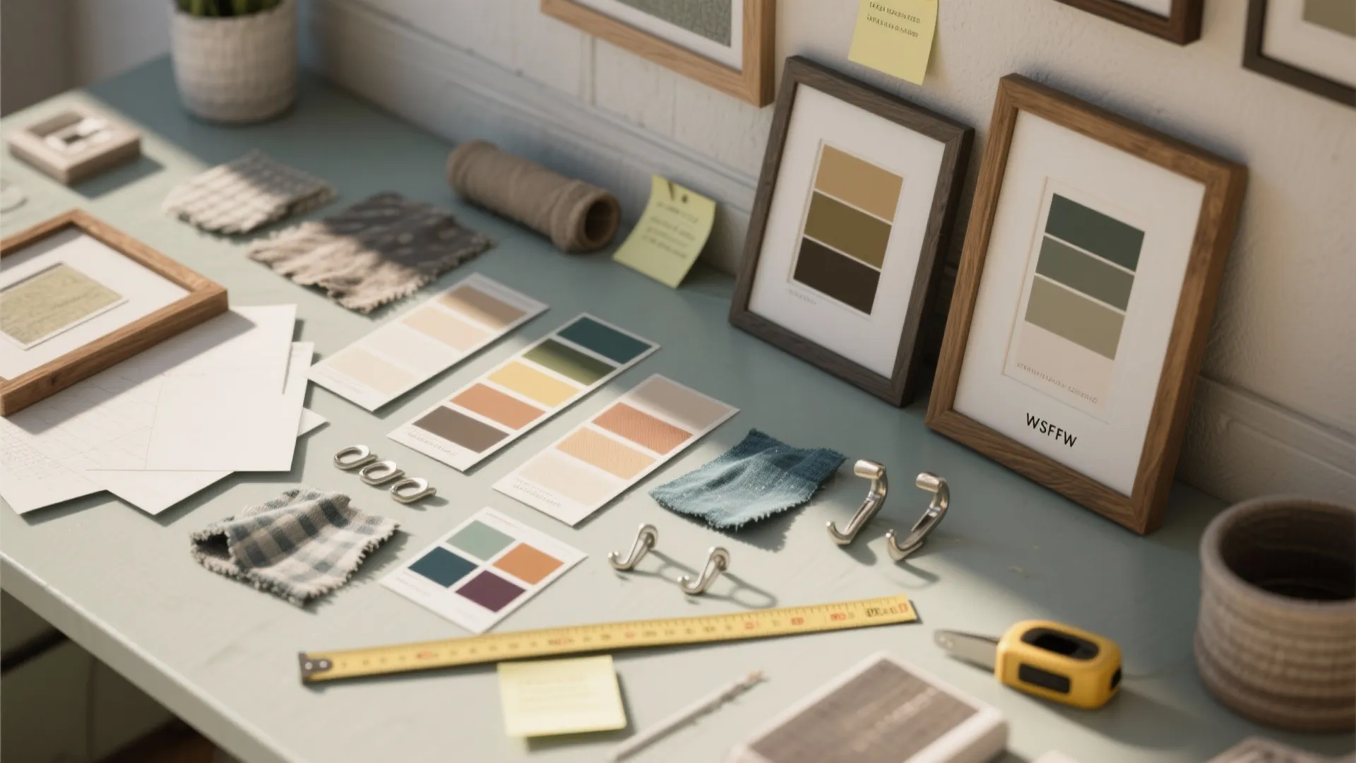 Top-down flatlay of frame samples, paint swatches, removable hooks and measuring tape for testing layouts.
