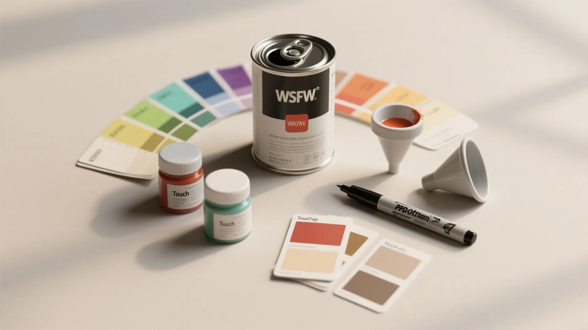 Interior design tools including paint cans, color swatches, small bottles, markers, and white plastic funnels