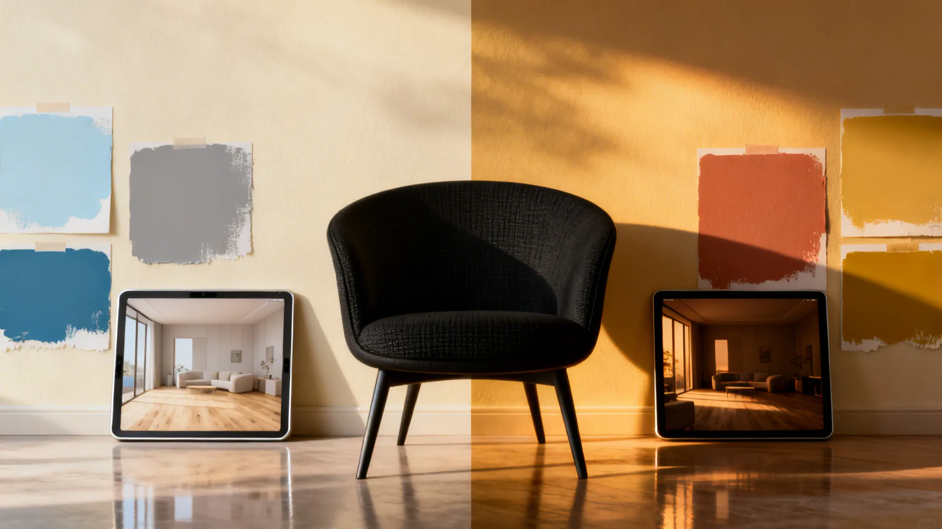 Wall paint swatches photographed under morning and evening light next to a tablet with a 3D room planner and a black statement chair.