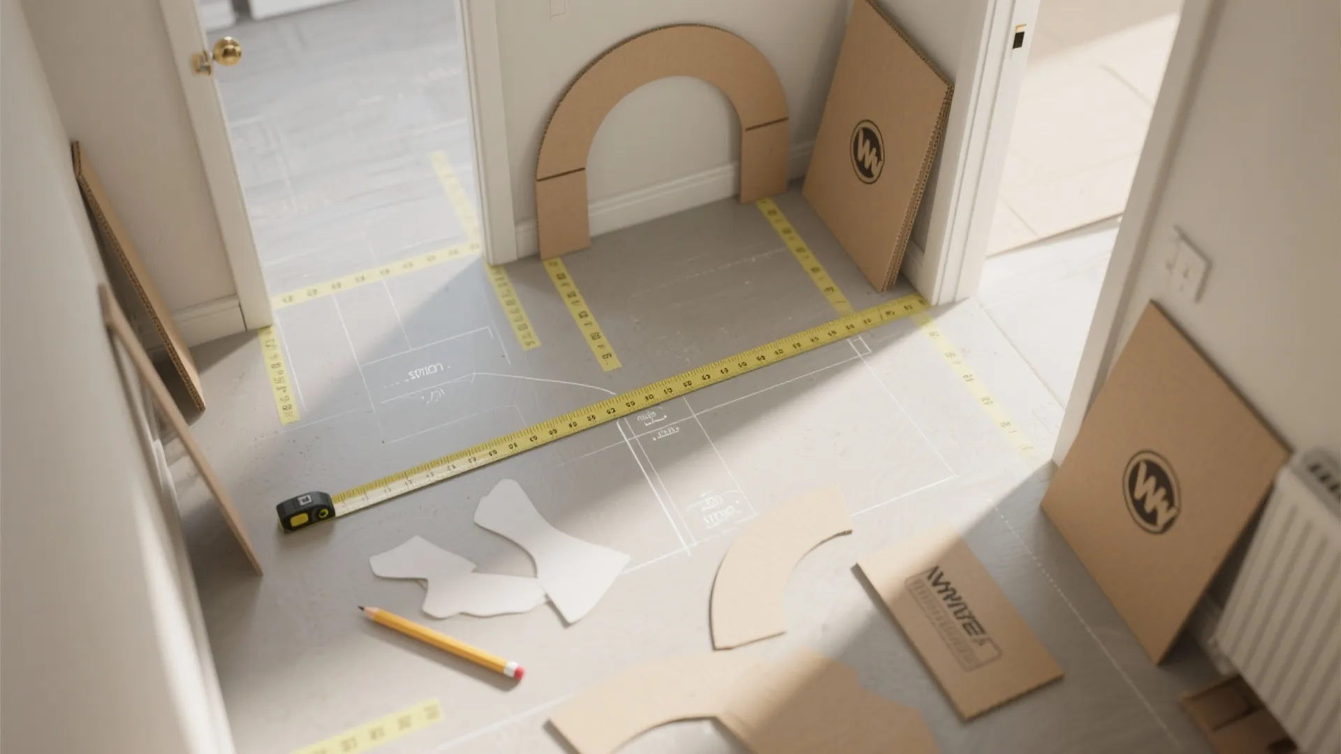 Floor layout mockup using yellow tape measuring tool pencil and cardboard shapes on the floor