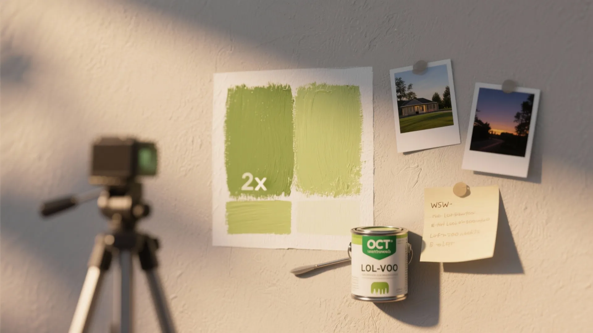 Wall with green paint swatches paint can photos and sticky note with camera on tripod