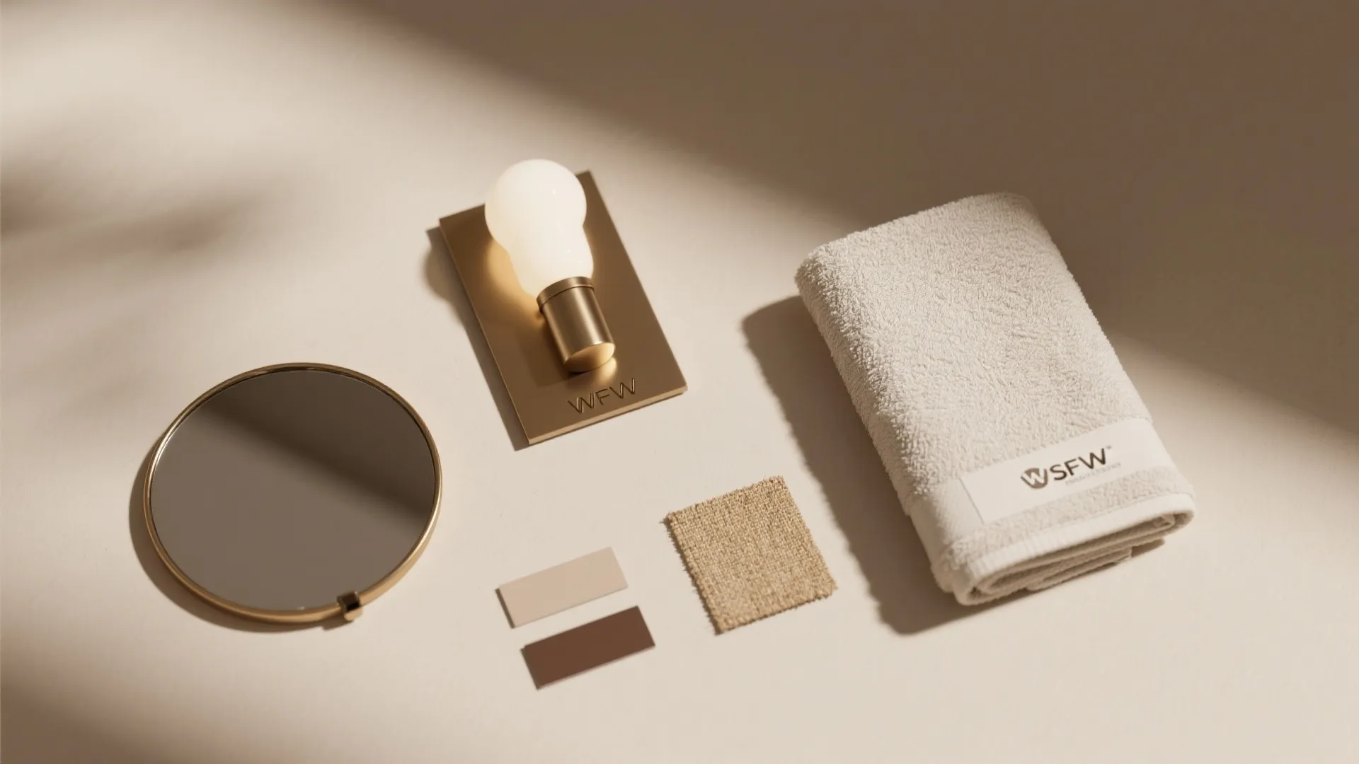 Interior design material board with round mirror gold wall light white towel and fabric swatches