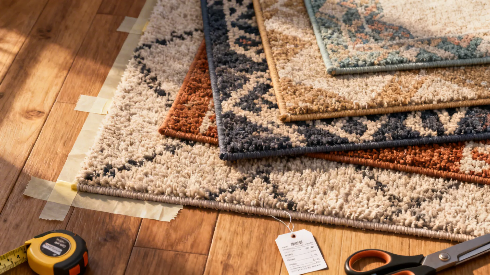 Close-up of rug textures, painter's tape outlines and measuring tools for planning rug placement