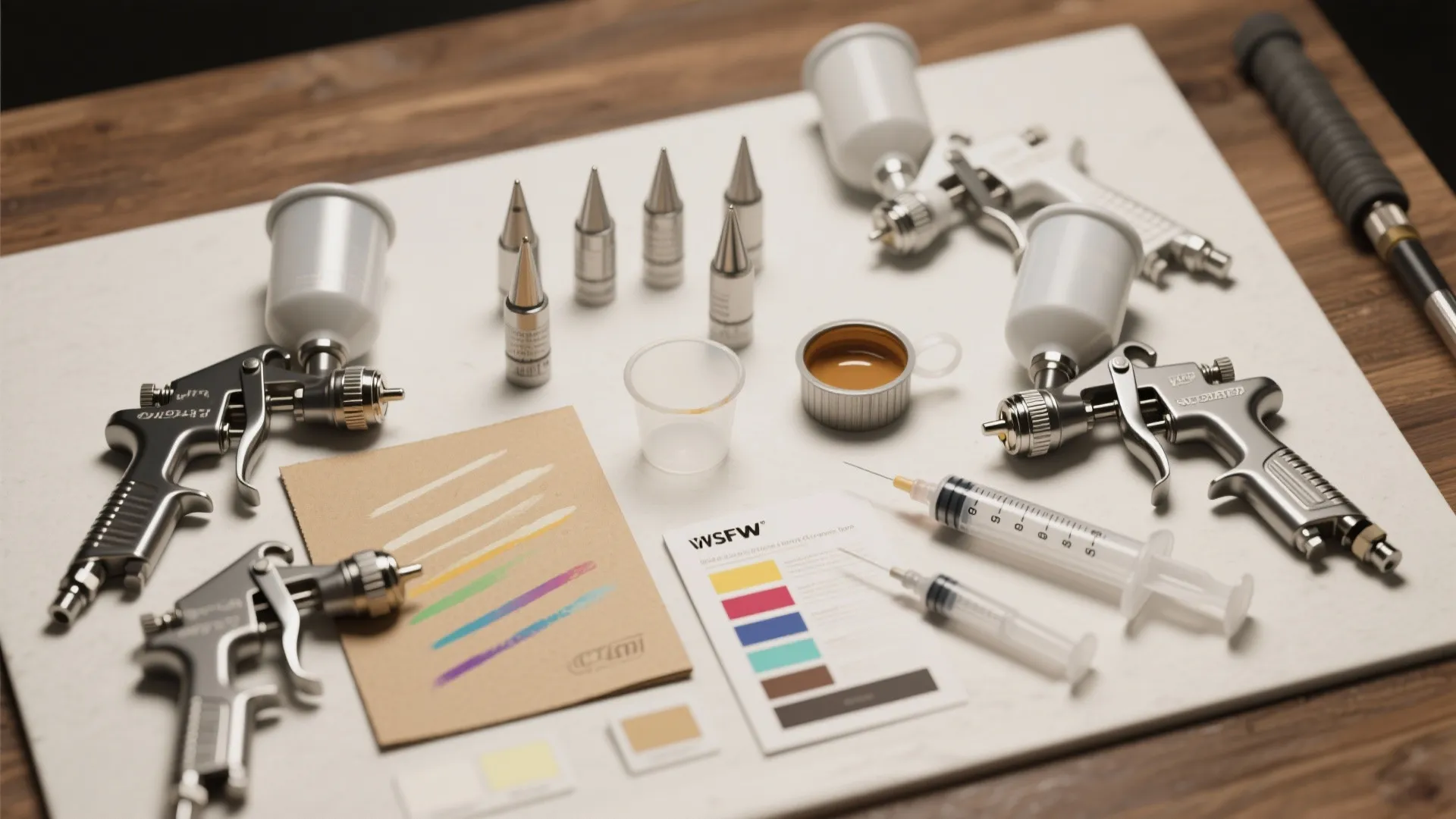 Top-down flatlay of spray gun tips, viscosity cup, thinned paint samples and a cardboard test panel.