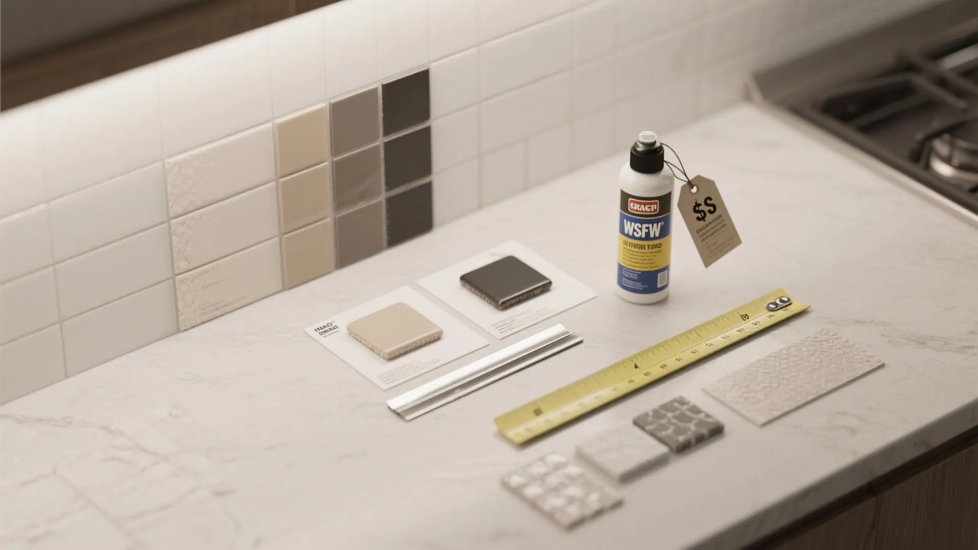 Kitchen tile samples arranged with measuring ruler and cleaning bottle on a white marble surface