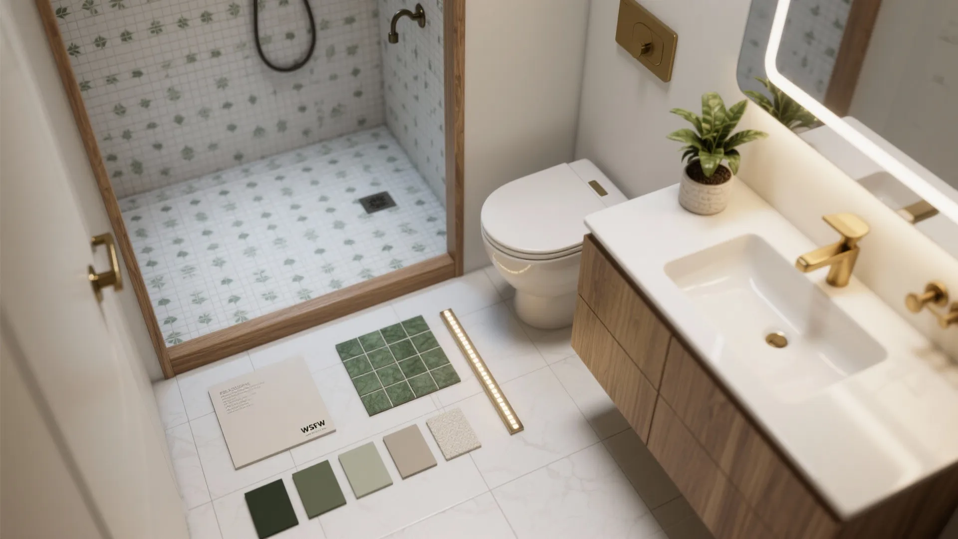 Bathroom design board showing green floor tiles wood cabinet white sink toilet and various color samples