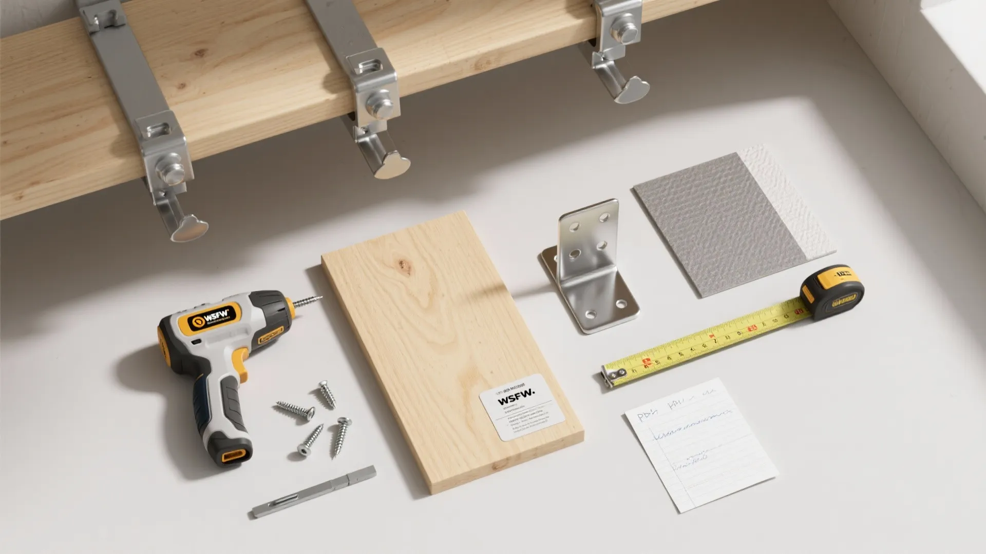 Wood plank with power drill screws measuring tape and metal bracket on a white table