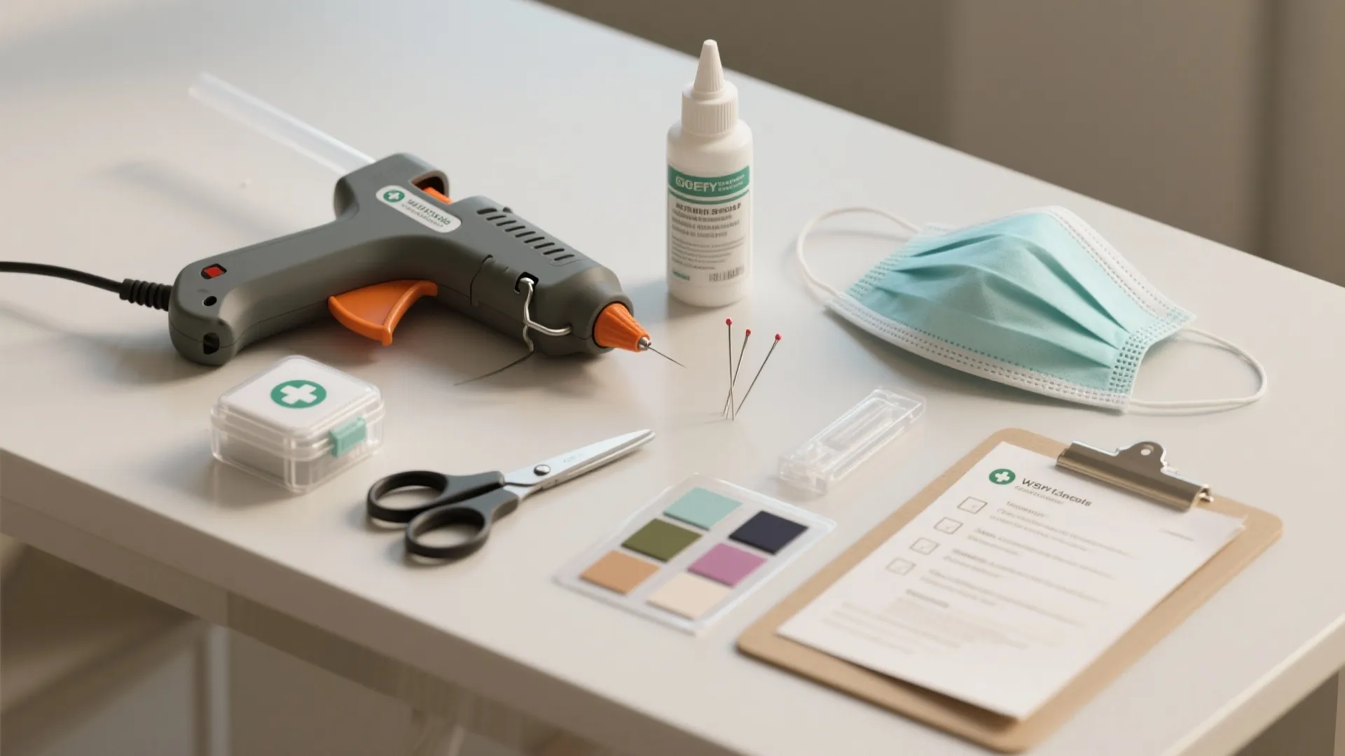 Glue gun scissors face mask and first aid kit on white table for home projects