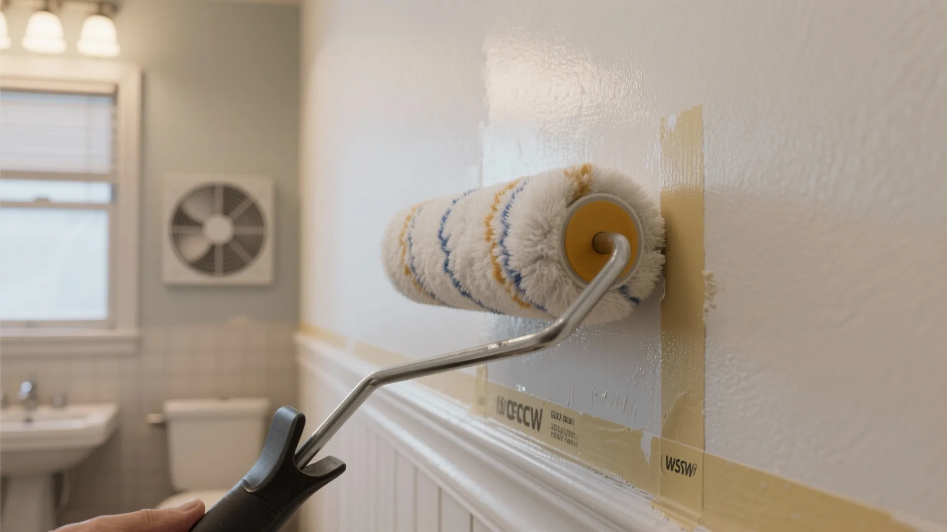 Hand using paint roller to apply white paint on bathroom wall with yellow masking tape attached