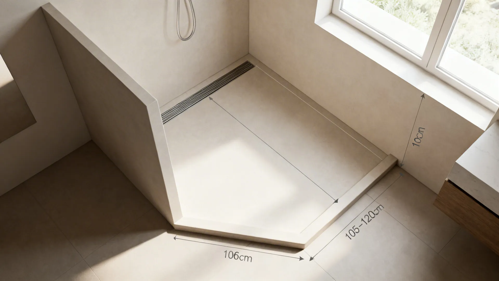 Top-down render of a compact bathroom showing recommended half wall height, slight curb and sloped floor to drain.