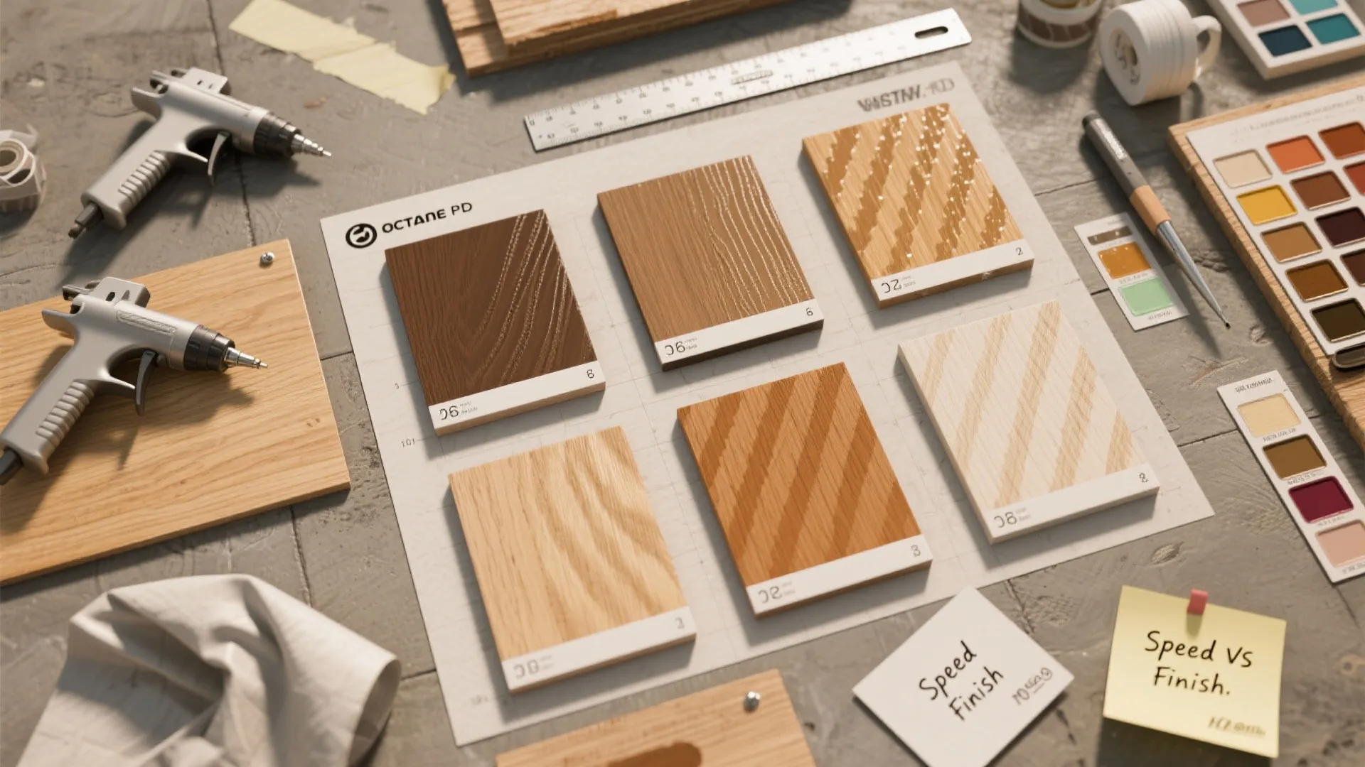 Wood material samples on a table with tools and color charts for interior design projects