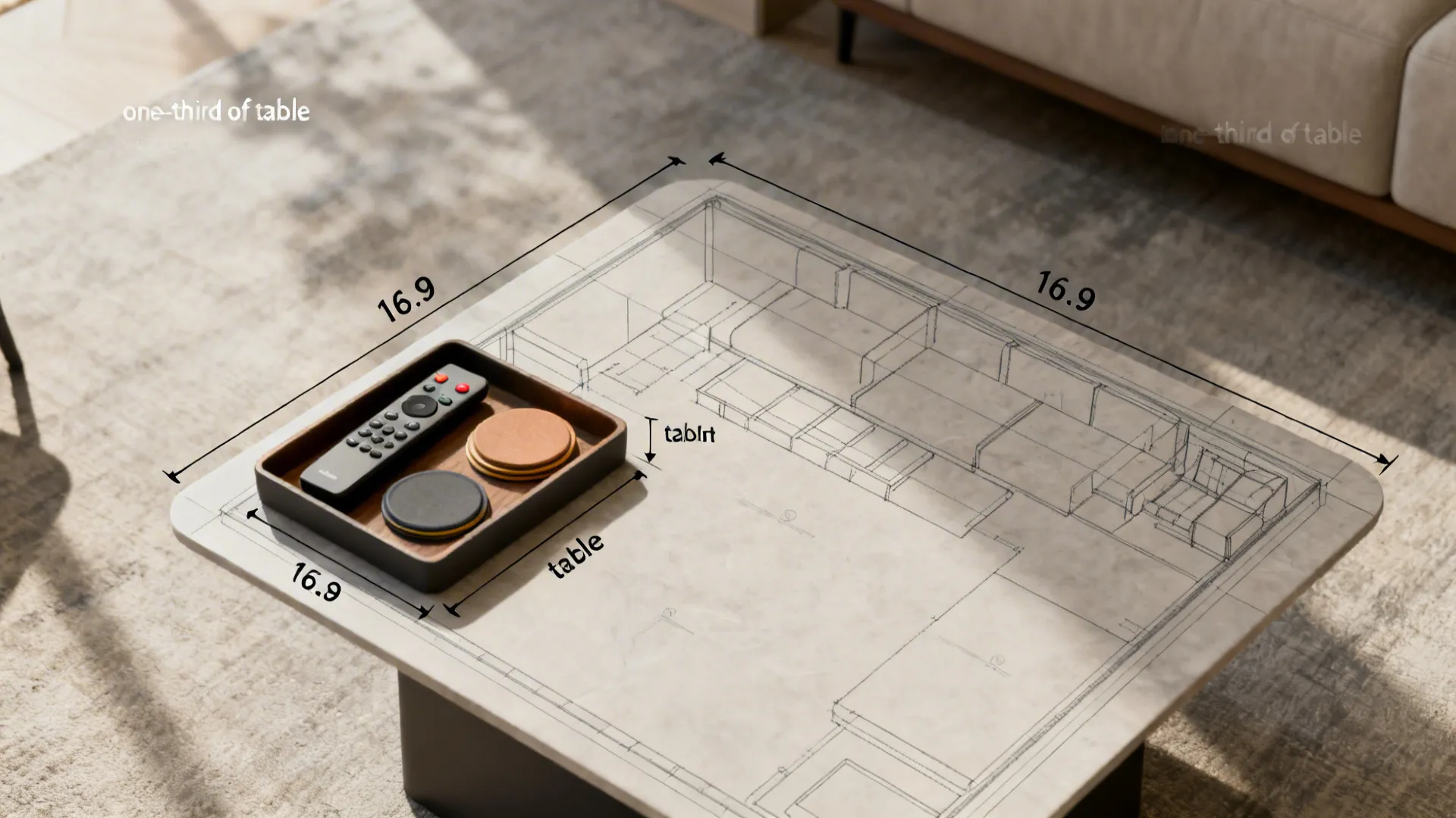 Small tray on a white coffee table with an interior design drawing and room layout plan