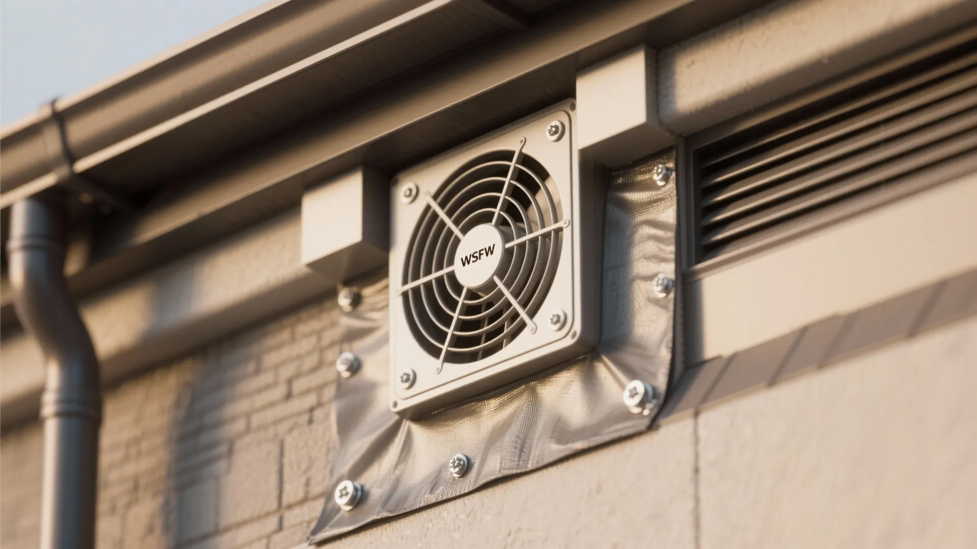 Exhaust fan installed on a light grey exterior wall under a dark roof gutter system