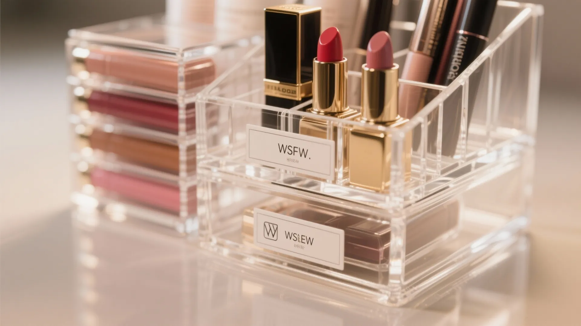 Clear plastic makeup organizer holding lipsticks and beauty products on a clean white bathroom counter