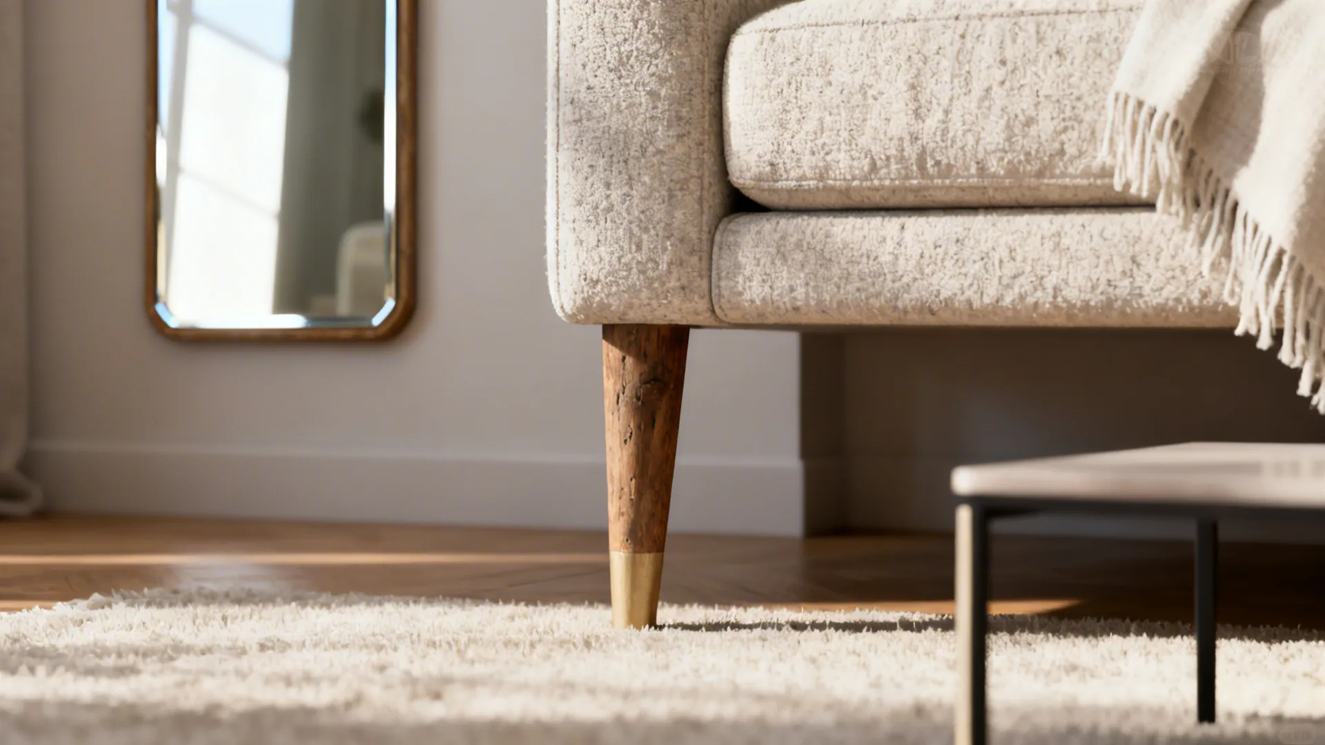 Exposed furniture legs, a wall mirror and light textiles demonstrating visual openness in small rooms.