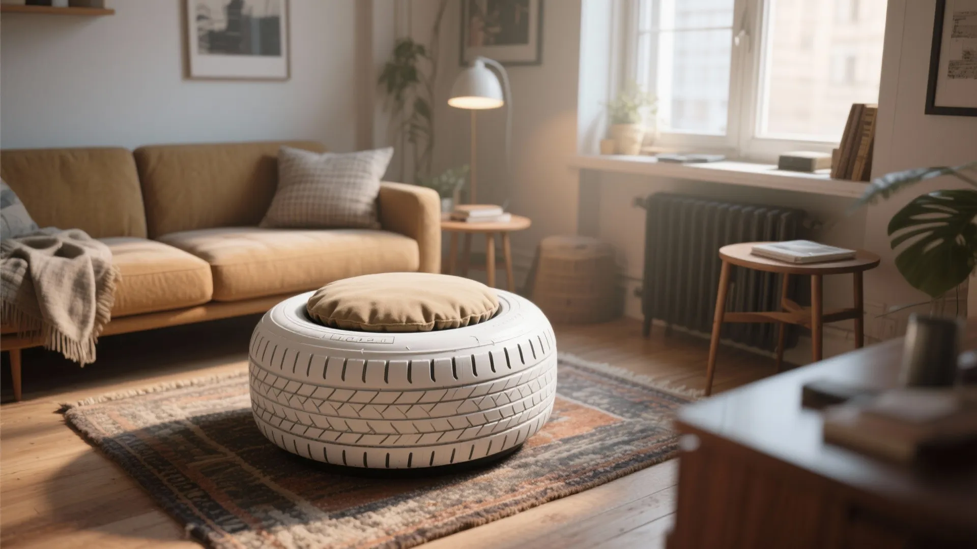 White tire converted into a footrest with a tan cushion in a sunny living room