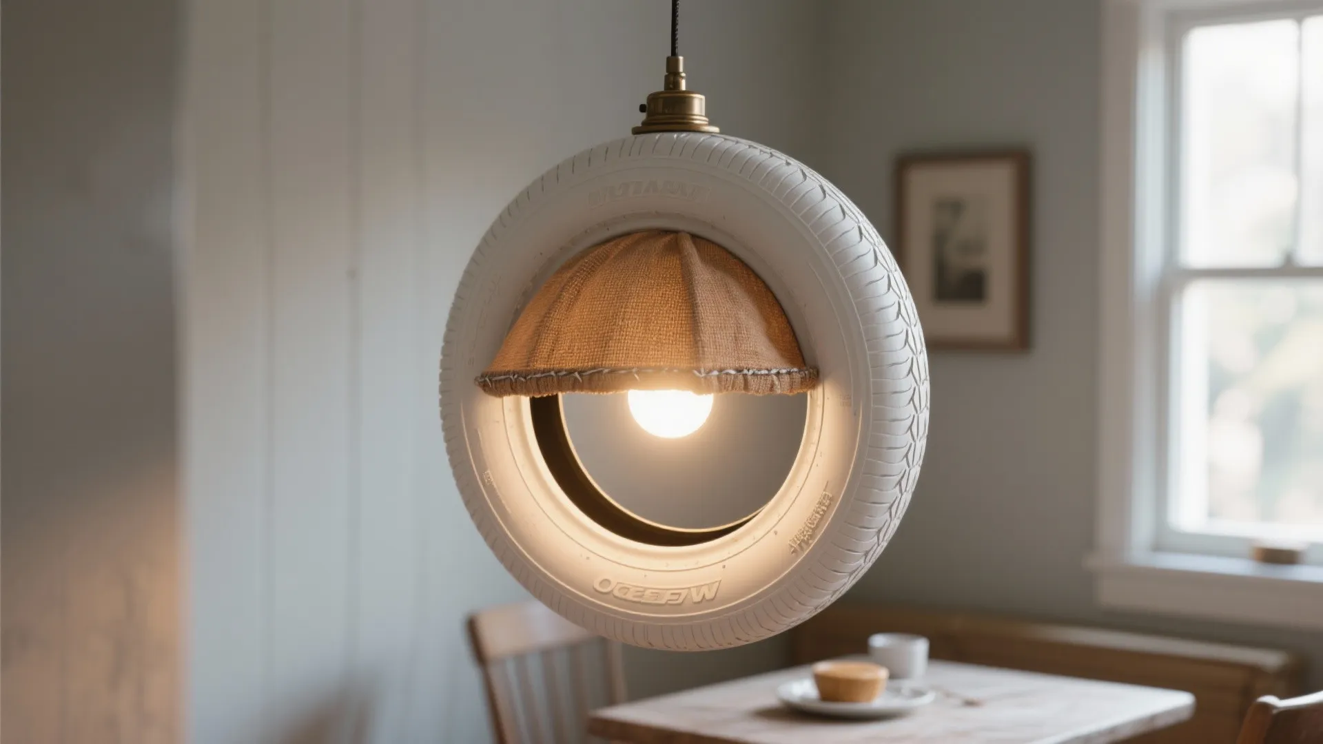 White tire hanging as ceiling light with a fabric shade and glowing warm light bulb