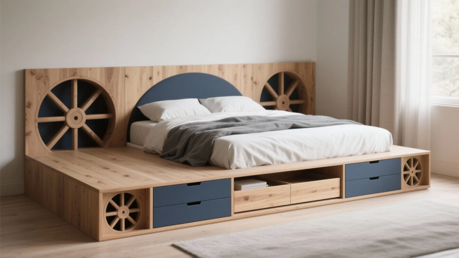 2. Platform Bed with Tire-Inspired Storage