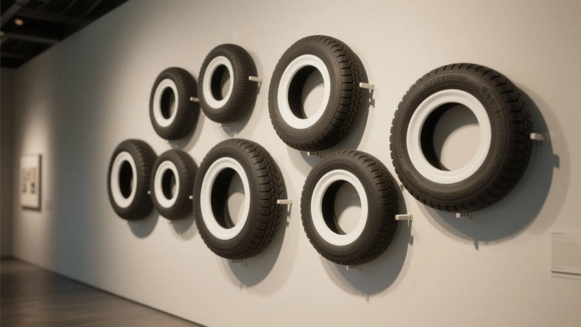 Several black and white tires mounted on a white wall as unique and creative indoor decor