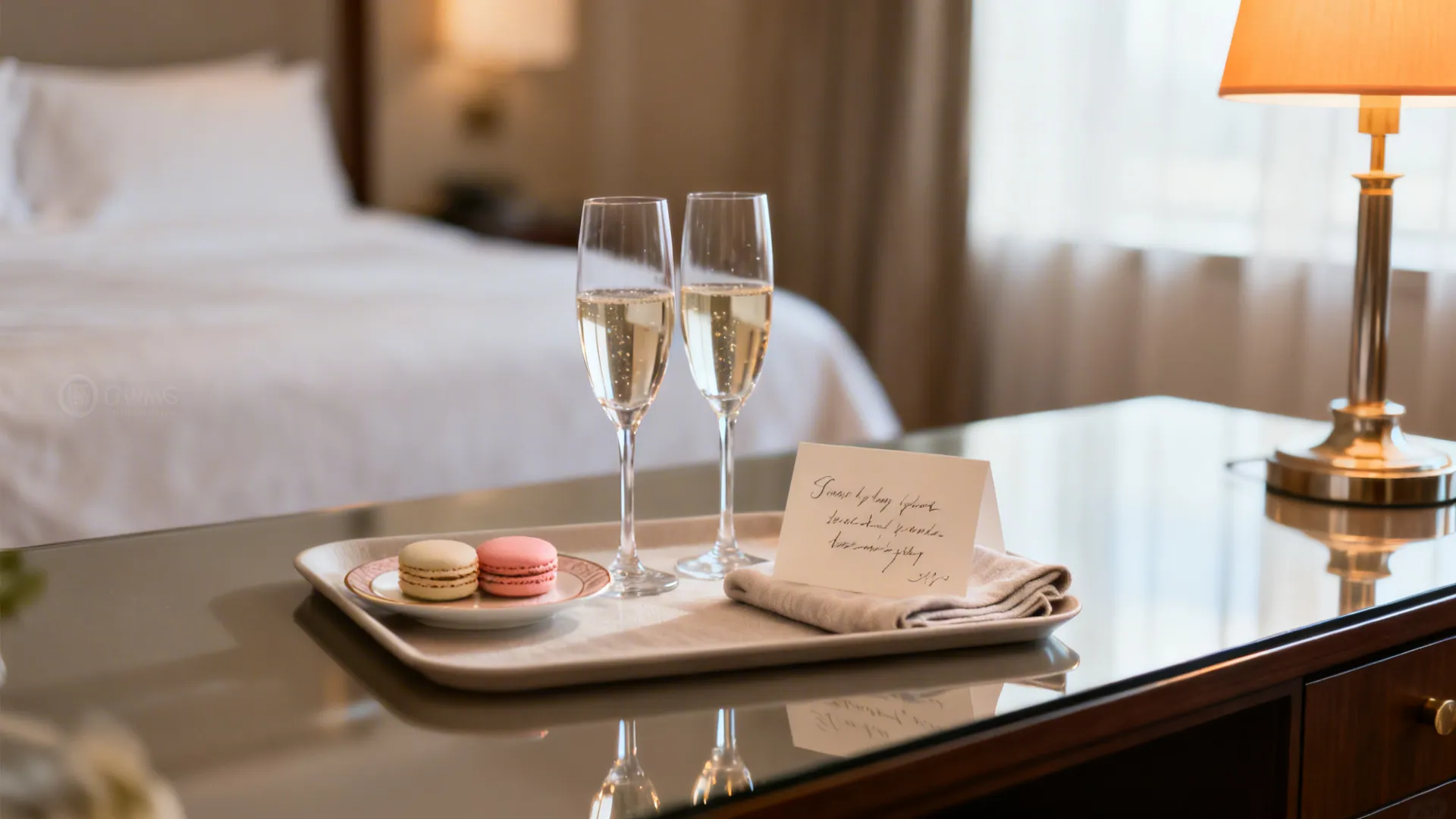 Hotel desk arranged with two coupe glasses, macarons, and a handwritten card on a tray.