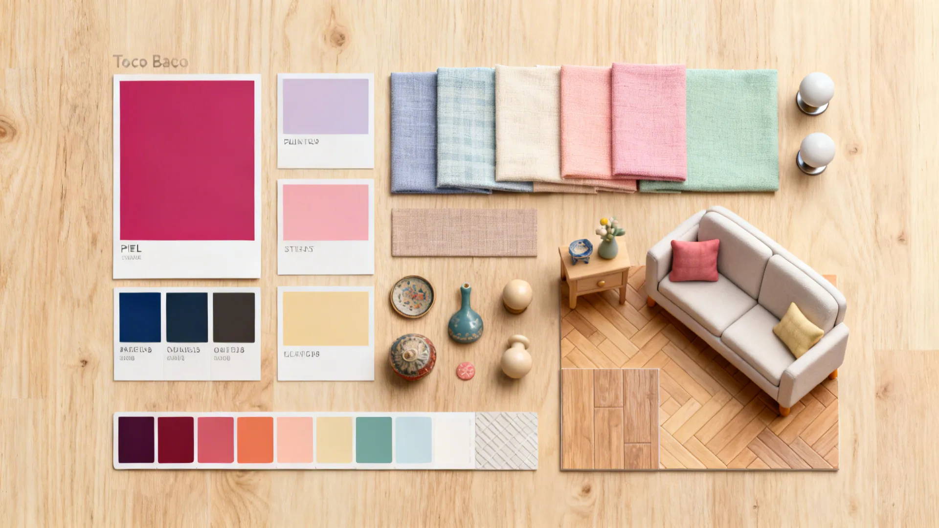 Top-down flatlay of color samples, fabric swatches, and hardware for a Toca Boca moodboard.