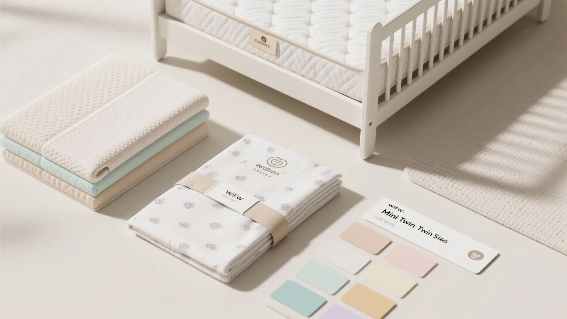 Flatlay of toddler mattress samples, guardrail mockup, fitted sheet swatches and safety materials.