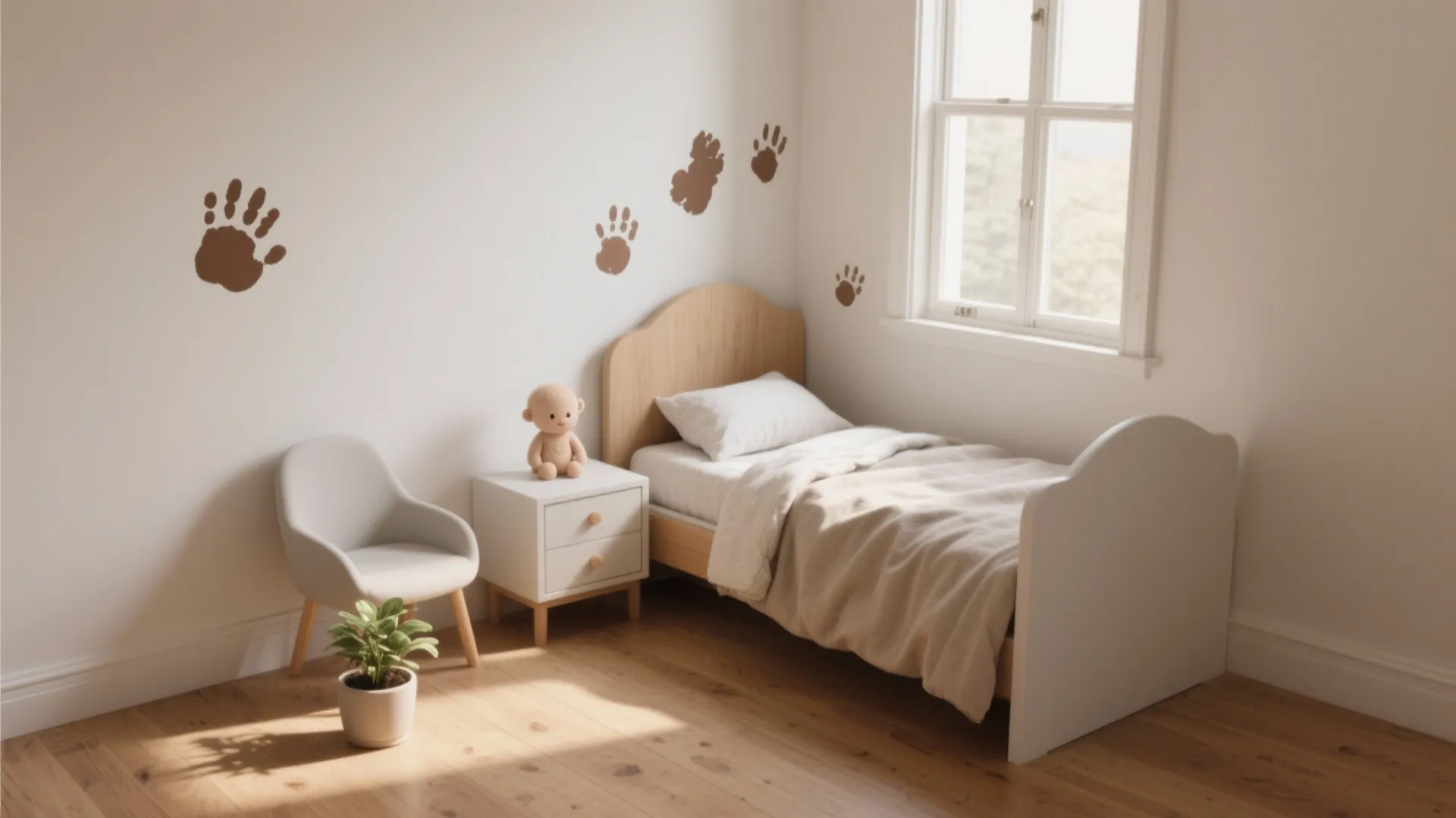 Minimalist toddler bedroom featuring wooden bed white side table gray chair and handprint wall stickers