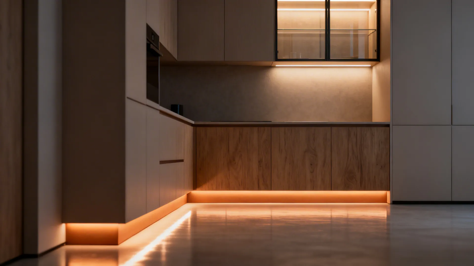 Warm toe-kick LED and a softly lit glass cabinet add depth to a small kitchen.