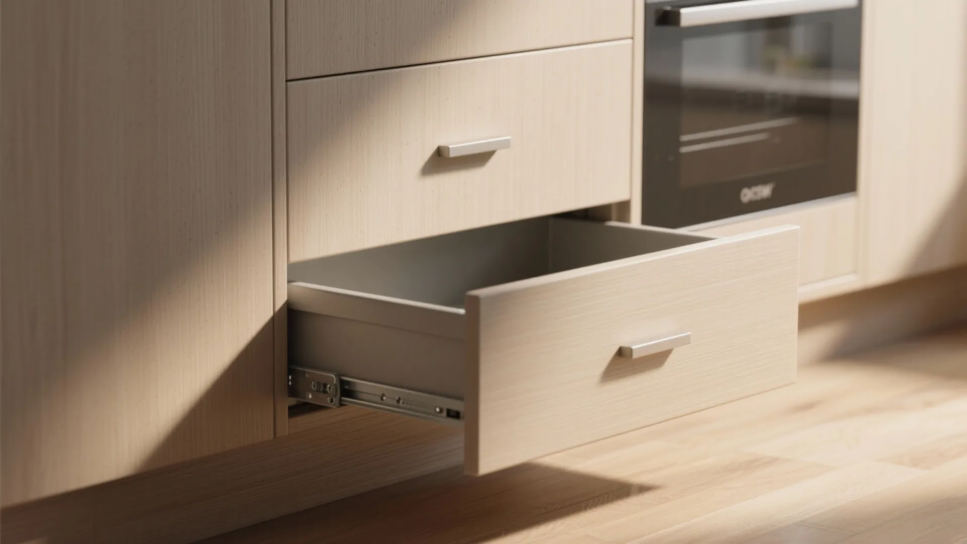 Open light wood kitchen drawer near the floor showing metal tracks and modern minimalist cabinet design