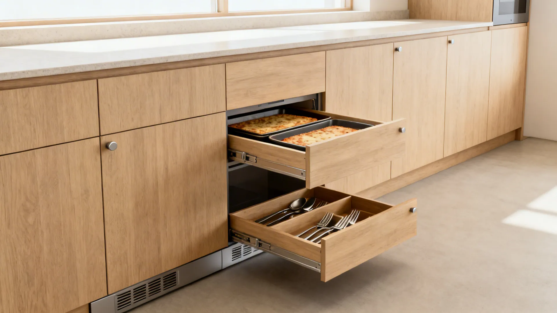 One-wall kitchen showing a toe-kick drawer for trays and a two-tier cutlery organizer in use.