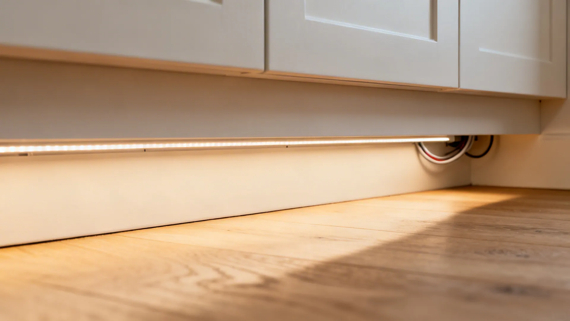 Close-up of recessed toe-kick LED strip casting an even glow on the floor for a floating look.