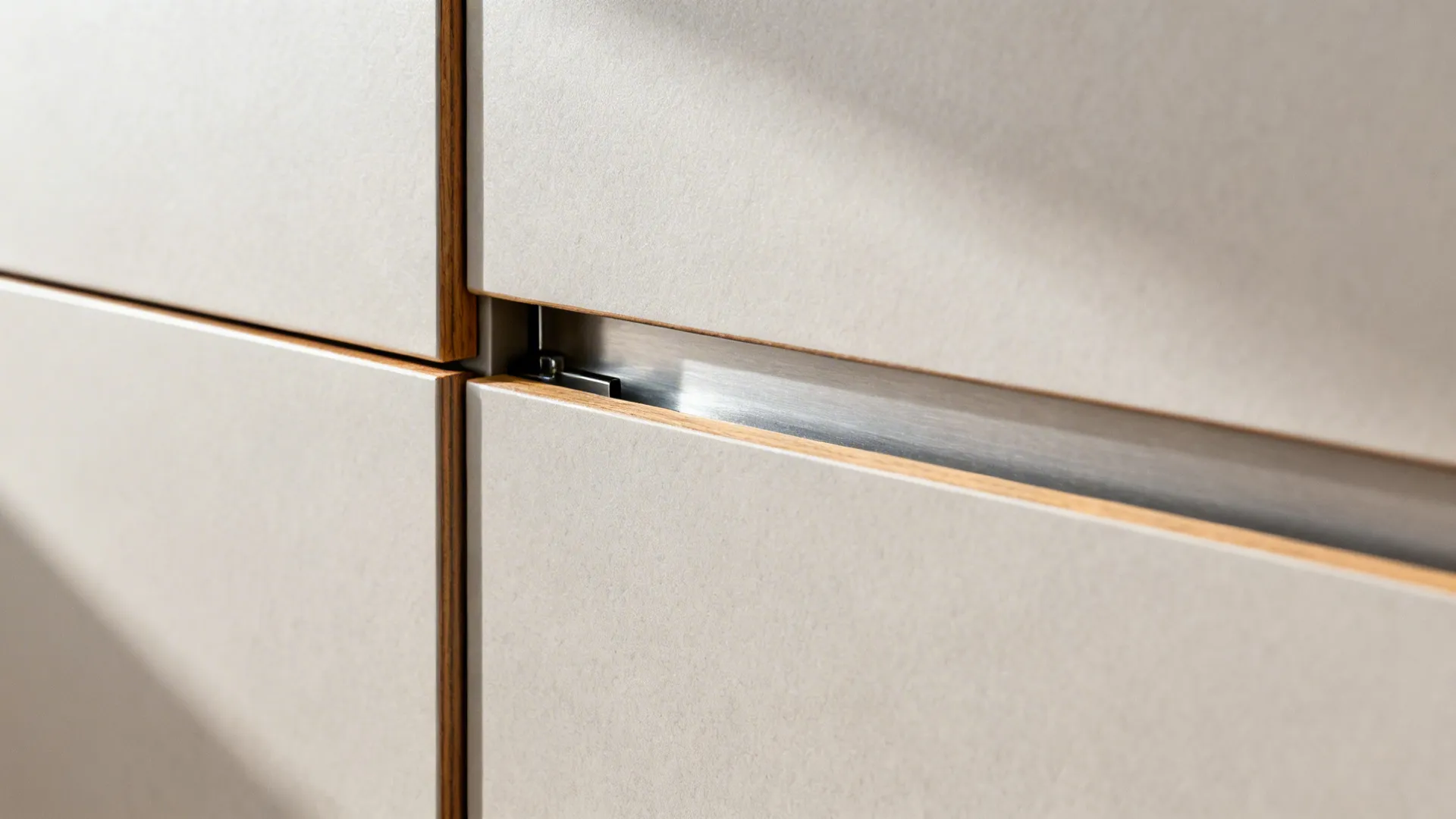 Close up of modern kitchen cabinet showing a recessed metal handle and light wood edges