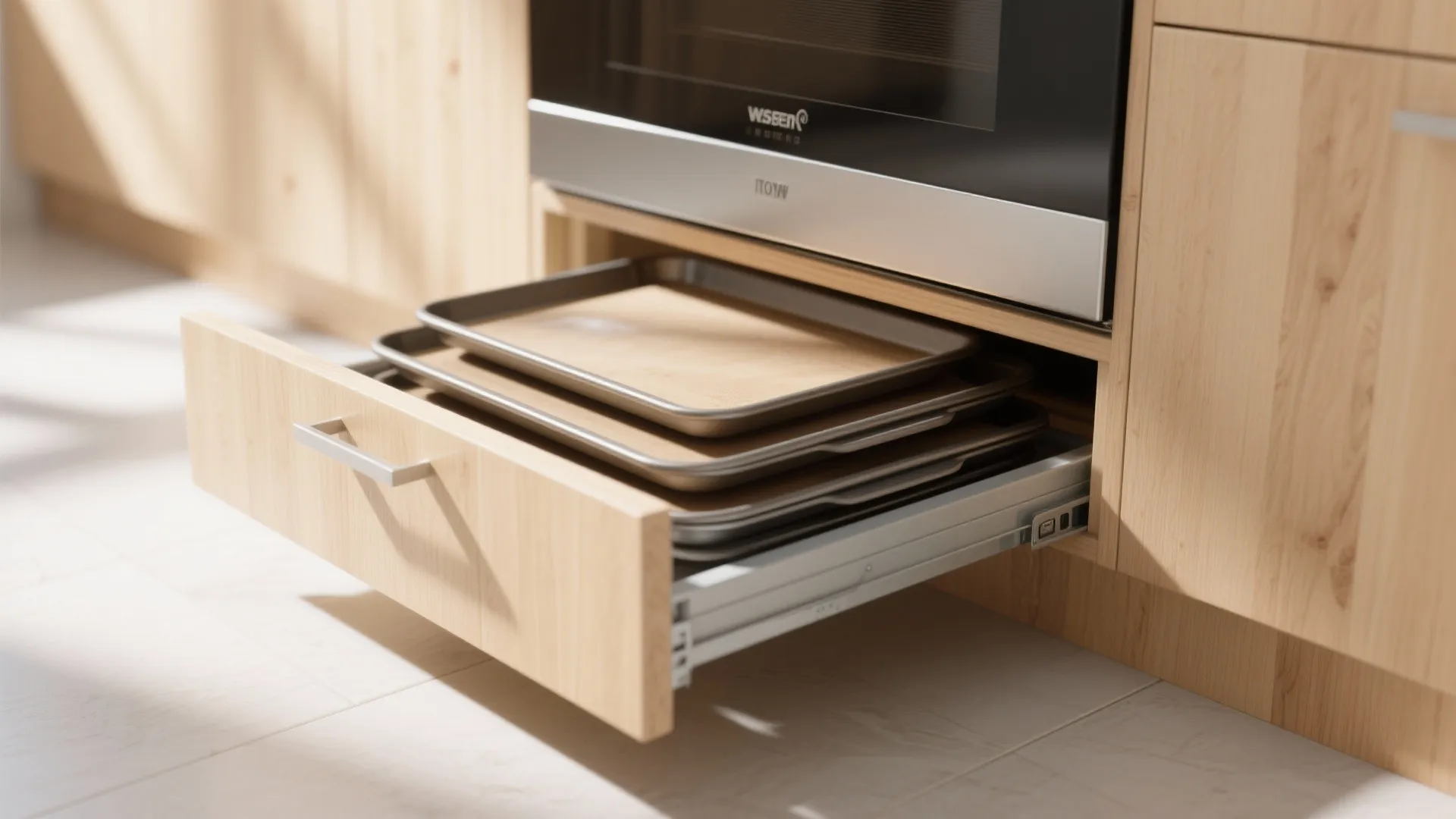 Toe-kick drawer beneath cabinets storing baking sheets