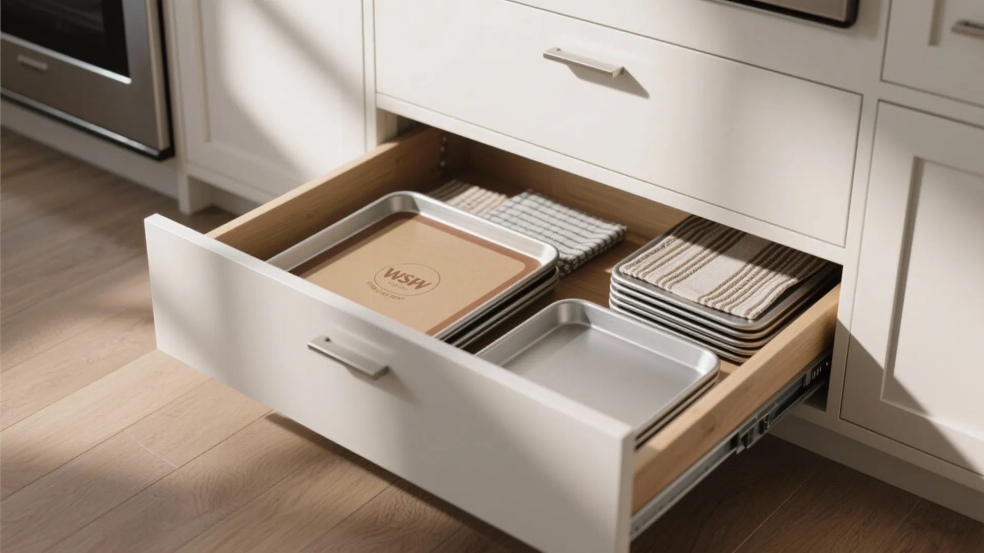 Open white kitchen base drawer showing neatly organized metal baking pans and striped cloth napkins