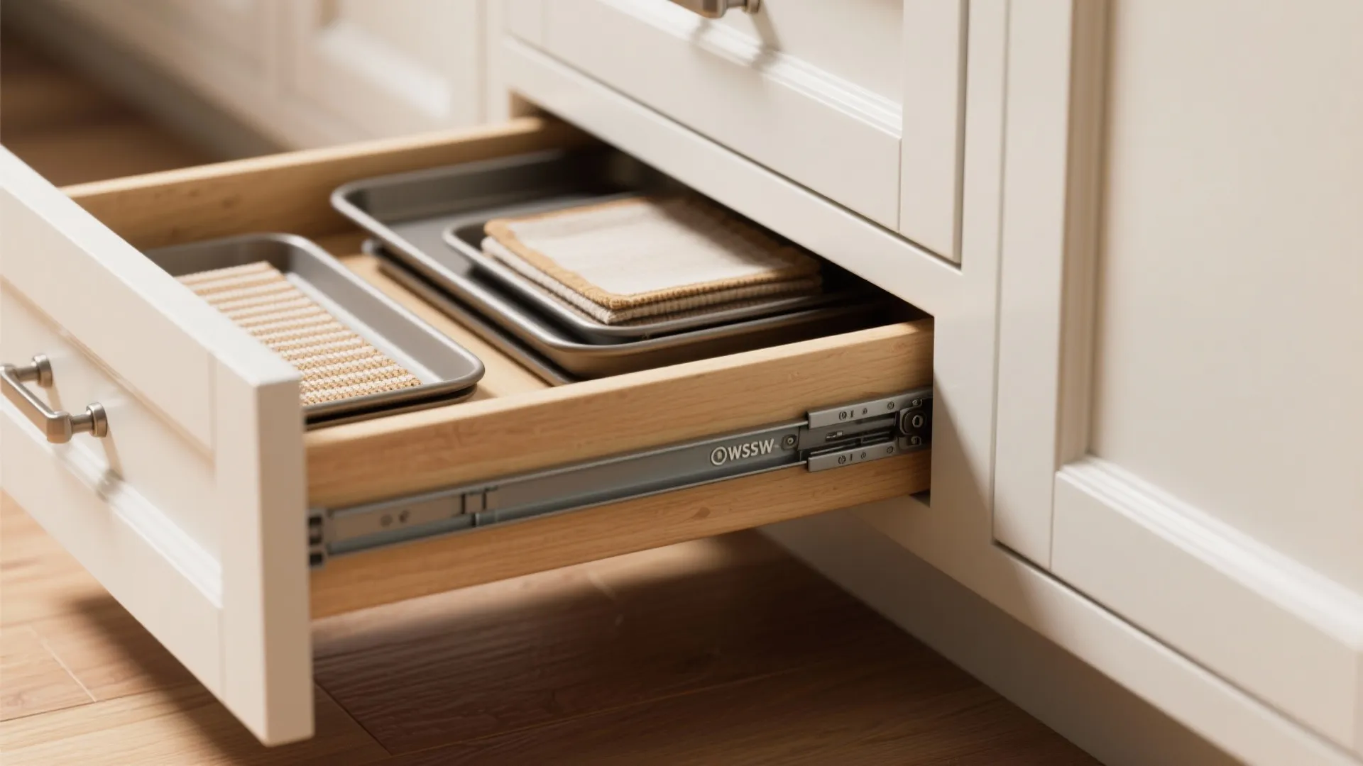 Open wooden kitchen drawer containing metal baking trays and towels inside a white floor cabinet